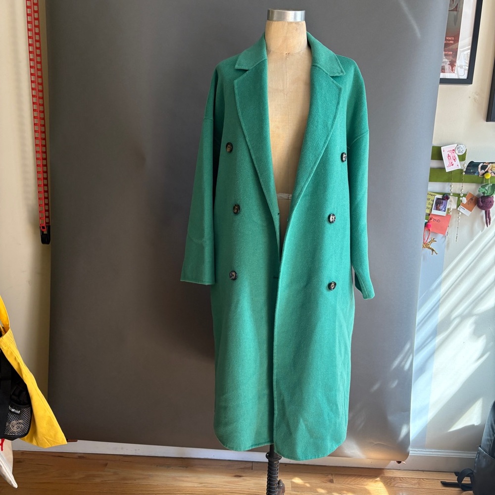 Mango Teal Green Wool Coat with Notch Lapel